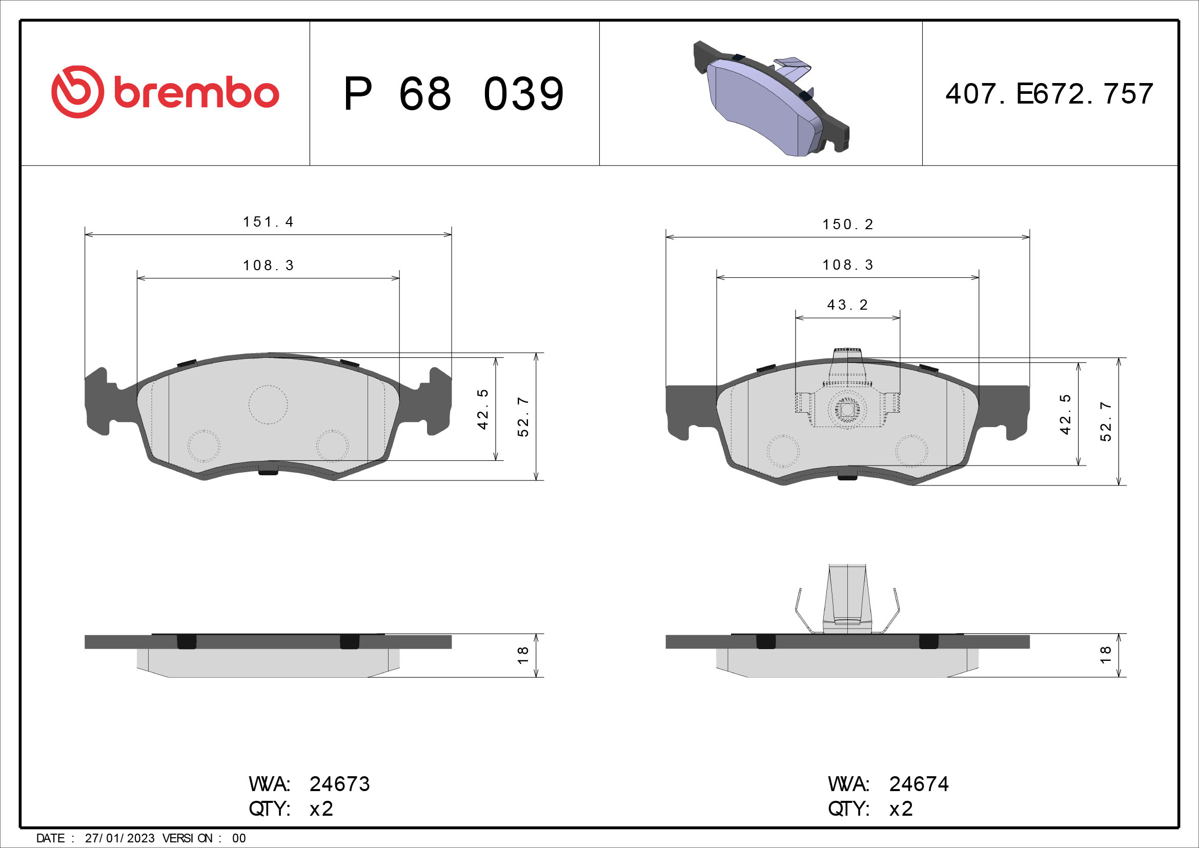 A.B.S. P 68 039 BREMBO Bremsbelagsatz, Scheibenbremse